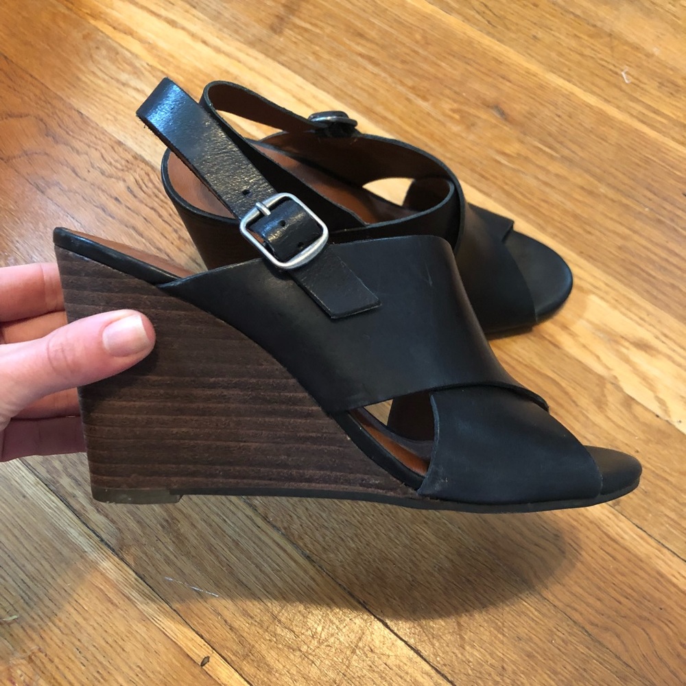 Lucky Brand Black Leather Wedge Sandals